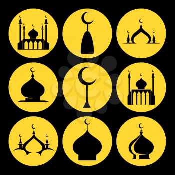 Icons set of dome of the mosque with crescent. Vector illustration