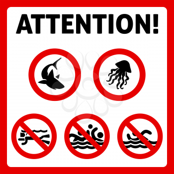 Prohibition swimming sign with text. Attention shark and jellyfish signd. Vector illustration