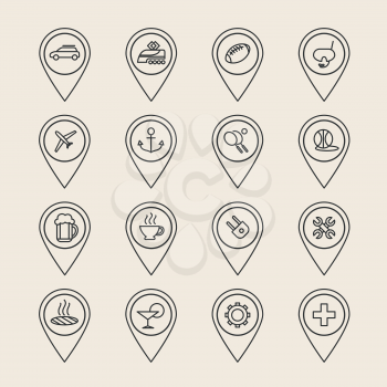 Vector outline map pin icons on white background