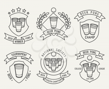 Beer pong line logo set. Drinking game vector linear labels