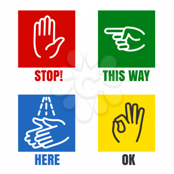 Stop and wash your hands, pointing and OK signs. Vector illustration