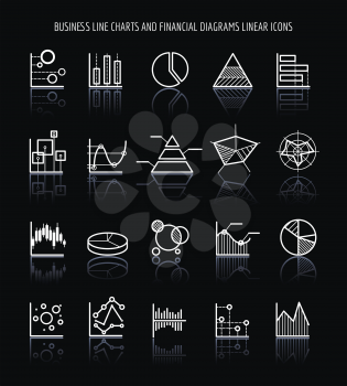 Business line charts and financial diagrams linear icons. Vector illustration