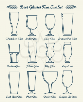 Beer glassware. Drinking glasses and goblets thin line signs. Vector illustration
