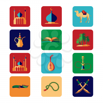 Arabian icons set with camel mosque palms palace hookah etc. Vector illustration
