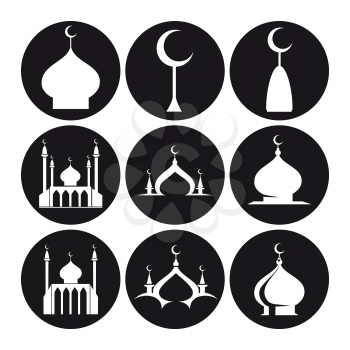 Black and white islamic mosque and dome of mosque set icons. Vector illustration