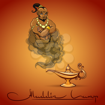 Oriental tale illustration of genie aladdin lamp and text. Vector icon
