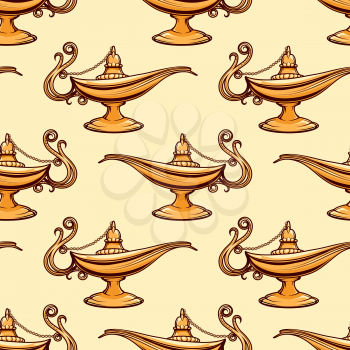 Seamless pattern of gold magic aladdin lamp. Vector illustration