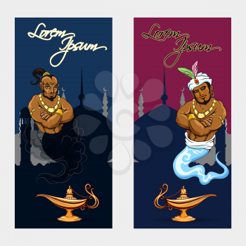 Set of oriental tale banners with genie lamp and mosque. Vector illustration