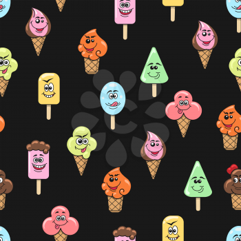 Seamless pattern with cartoon character ice cream on black. Vector illustration
