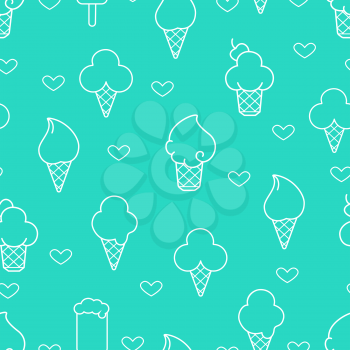 White line ice cream icons on blue seamless pattern. Vector illustration