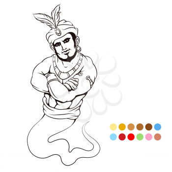 Coloring page with genie and color samples. Vector illustration