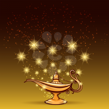 Gold glitters and aladdin lamp magic background vector