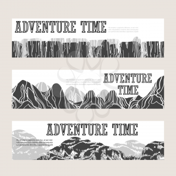 Abstract hand drawn mountain horizontal banners set. Vector illustration