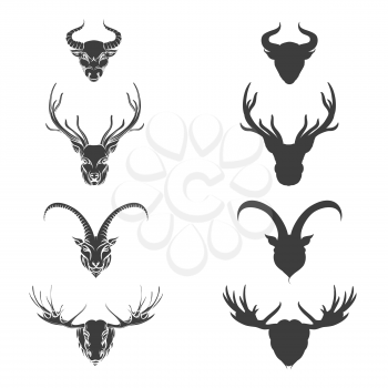Animals head silhouette monochromic deer elk goat and bull. Vector illustration