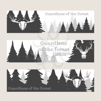 Horizontal banners with forest silhouette deer and elk. Vector illustration