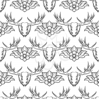 Monochromic seamless pattern with elk and flowers. Vector illustration