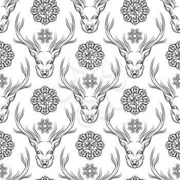 Seamless pattern with deer head and ornamental flowers. Vector illustration