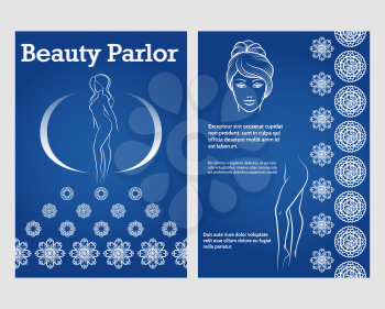 Front and rear side brochure flyer template with beauty woman silhouette face and legs and ornamental borders. Vector illustration