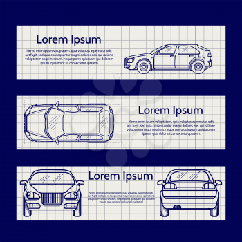 Web banners with car silhouettes on the notebook pages. Vector illustration