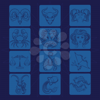 Zodiac signs blue icons set vector illustration