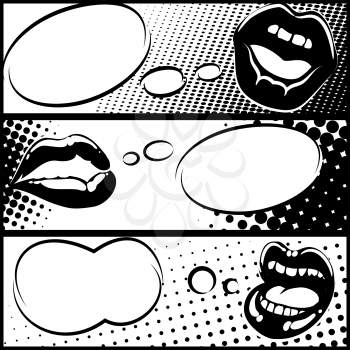 Black and white pop art horizontal banners with lips and speech bubbles. Vector illustration