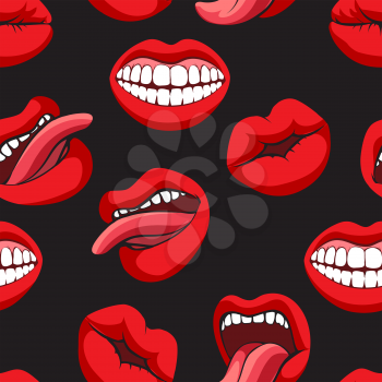 Pop art style mouth seamless pattern on black background. Vector illustration