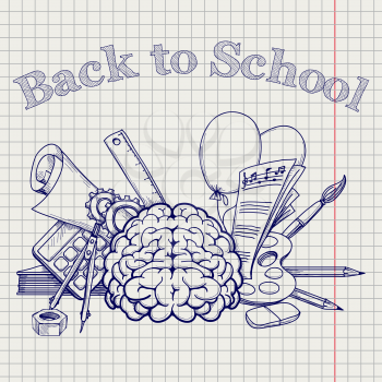Back to school vector illustration with brain stationery note paper etc on the notebook page