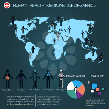 Human medicine infographics with map and people. Vector illustration