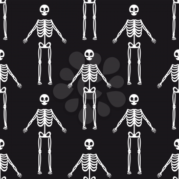 Seamless pattern with white skeletons on black background. Vector illustration