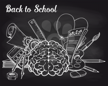 Illustration of the school objects and brain on the chalkboard. Vector illustration