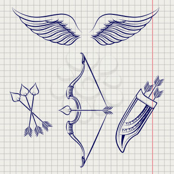 Set of arrows wings and bow on the notebook page sketch style. Vec tor illustration