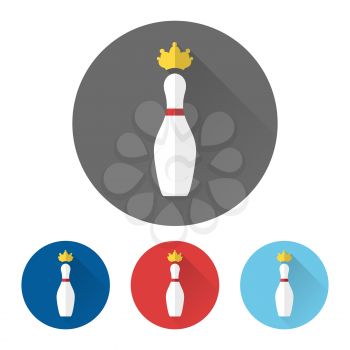 Flat skittles set and golden crown. Bowling icons vector