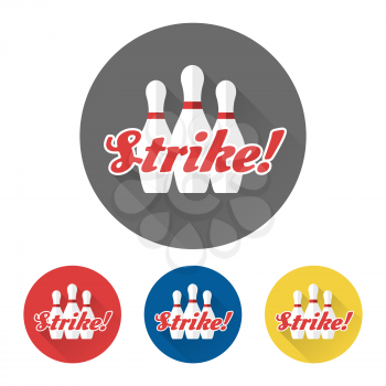 Flat skittles set and word Strike. Bowling icons vector