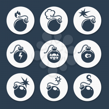 Flat bombs icons set with lit fuse vector