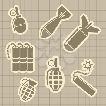 Military rocket dynamit and hand grenades vector. Military stickers on vintage notebook page