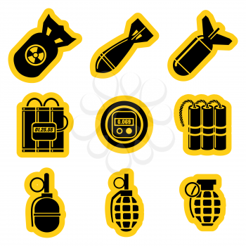 Military stikers set vector with timers dynamit hand grenades and nuclear rocket isolated on white