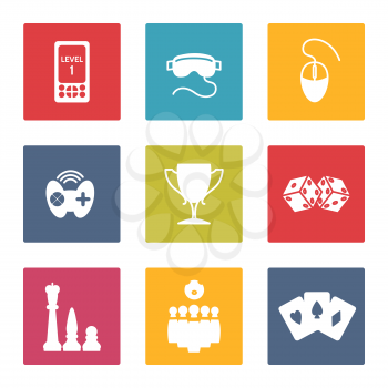 Colorful game icons set vector. Joystick cards chess coblet etc