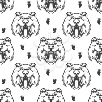 Seamless pattern with hand drawn grizzly bear head and bear footprints. Vector illustration
