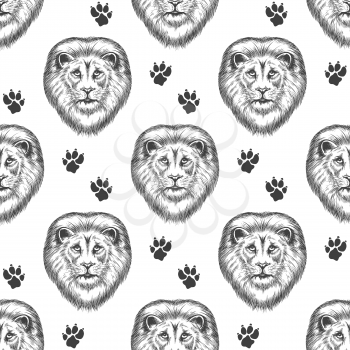 Seamless pattern with hand drawn lion head and lion footprints. Vector illustration