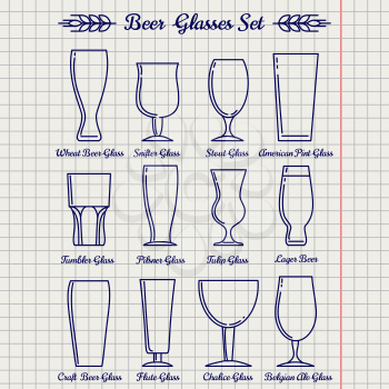 Beer glasses line icons set vector on notebook page