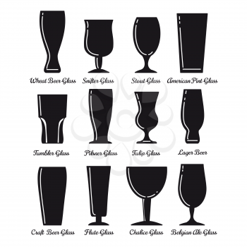 Flat beer glasses icons set vector. Black glasses isolated on white background