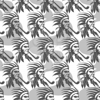 Monochromic seamless pattern with native american indian and pipe vector