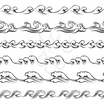 Hand drawn waves. Seamless borders with ocean waves vector