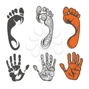 Vector black red and linear foot print and hand print silhouettes