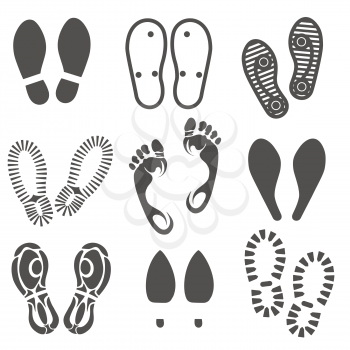Footprint and shoes prints on white background vector set