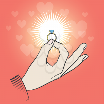 Male hand with wedding diamond ring. Marriage proposal vector illustration