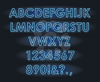 Vector neon tube blue light letters font on dark background