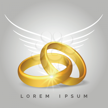 Pair of golden rings with angel wings for wedding cards. Vector illustration