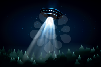 Flying UFO over night forest vector illustration