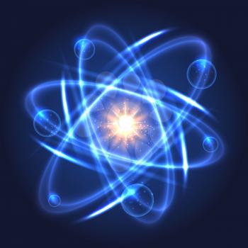 Vector atom icon. Shining nuclear model on dark background